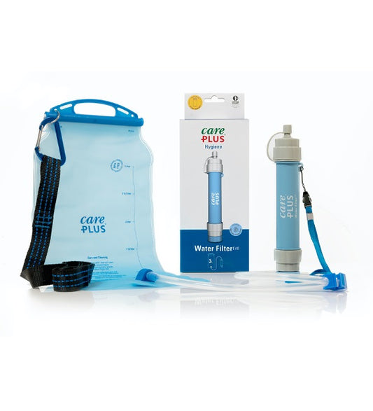 Care Plus Water Filter EVO vedensuodatin, kannettava vedenpuhdistin retkeilyyn ja kotivaraan, poistaa bakteerit ja mikromuovit luonnonvedestä
